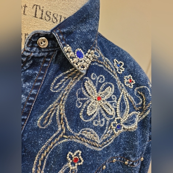 Vintage Brelly Bleu II Embroidered Denim Shirt Sz.1X Women's - Picture 3 of 8